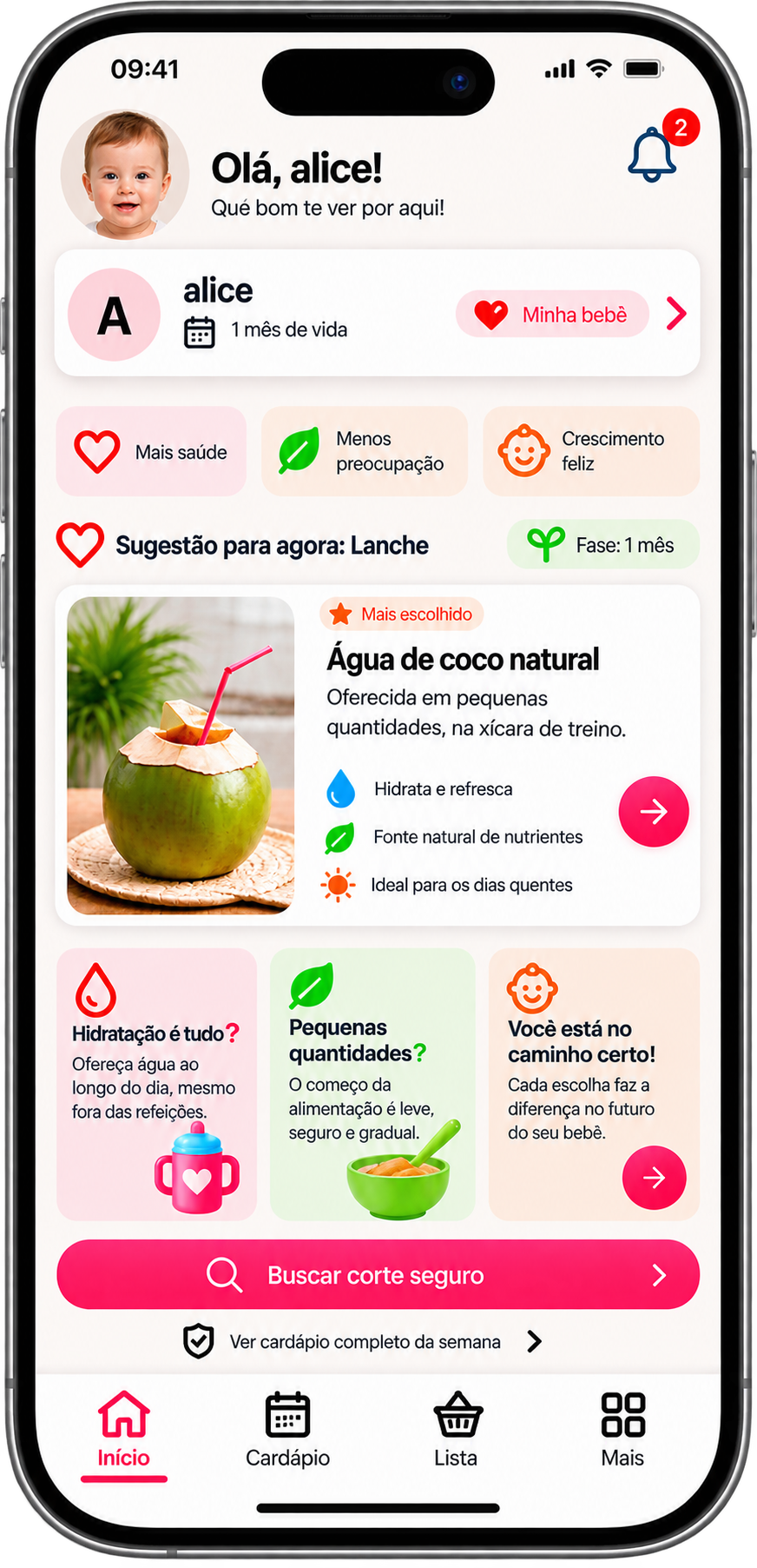 Tela do app NutriMãe com cardápio, guia visual de cortes e organização por fase
