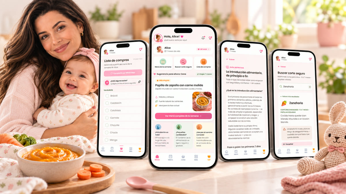 Camila usando la app NutriMama junto a su bebé, mostrando el menú semanal, la lista de compras y la guía de cortes seguros